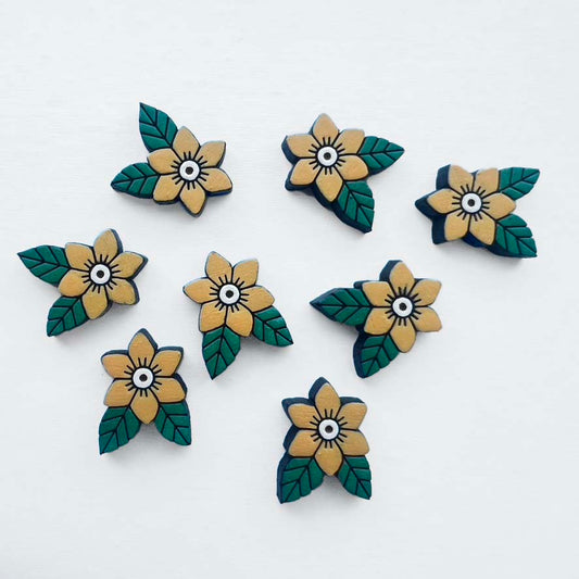 Ramona Wood Stud Earrings – Traditional Tattoo-Inspired Flower - Yellow