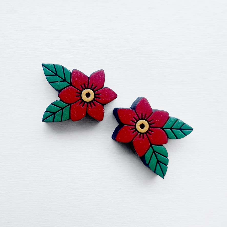 Ramona Wood Stud Earring– Traditional Tattoo-Inspired Flower 