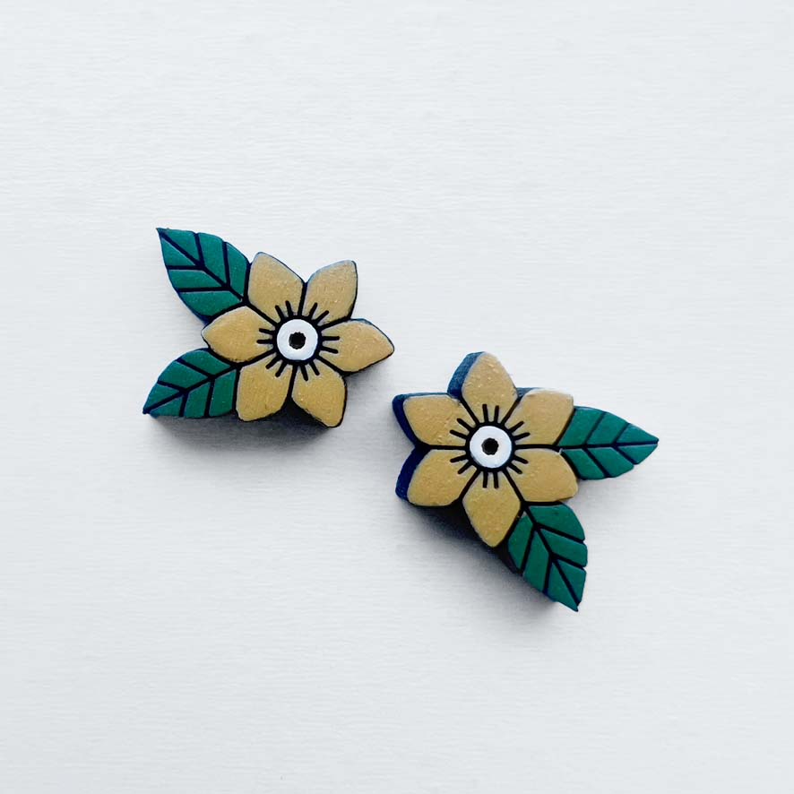 Ramona Wood Stud Earrings – Traditional Tattoo-Inspired Flower-yellow