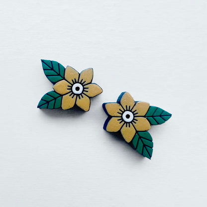 Ramona Wood Stud Earrings – Traditional Tattoo-Inspired Flower-yellow