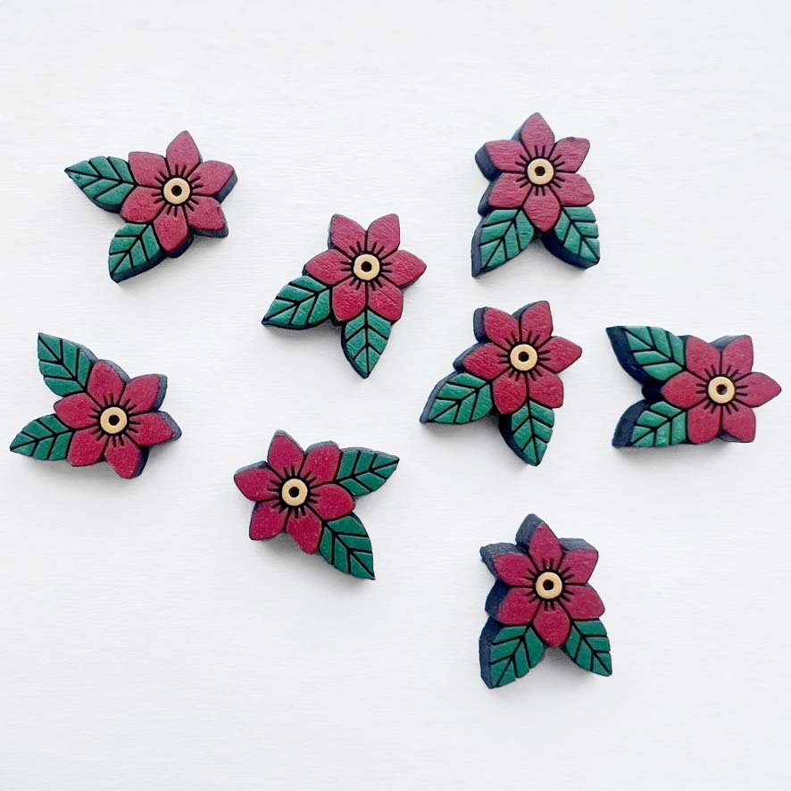 Ramona Wood Stud Earrings – Traditional Tattoo-Inspired Flower - Red