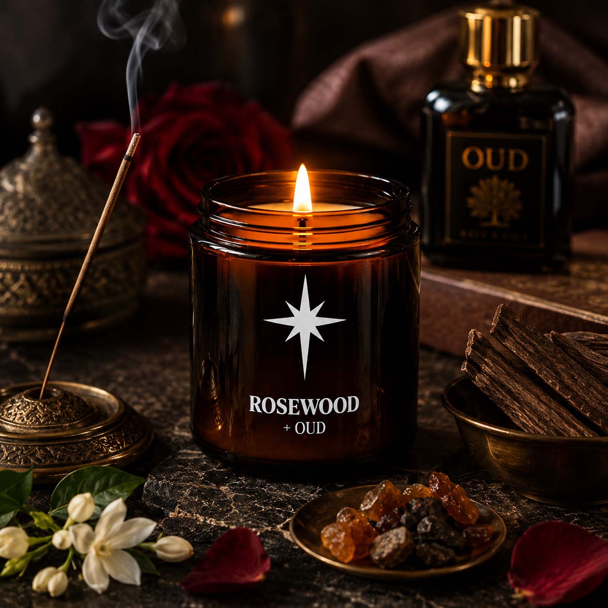 Rosewood and Oud Scented Candle Lifestyle