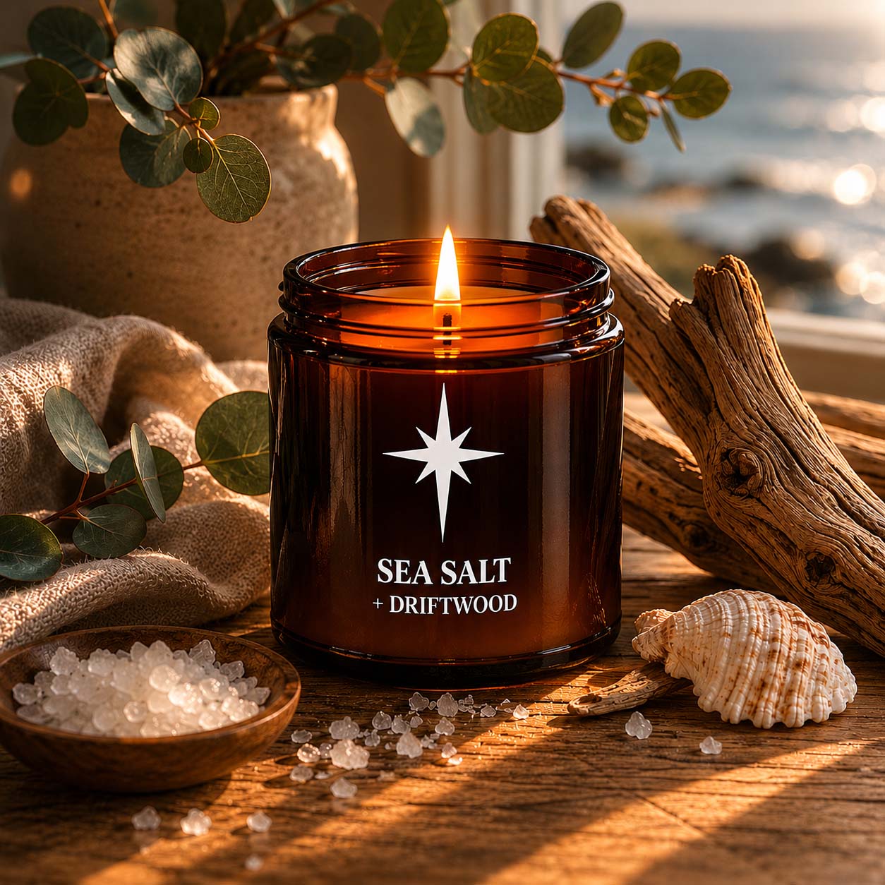 Sea Salt and Driftwood Scented Candle Lifestyle