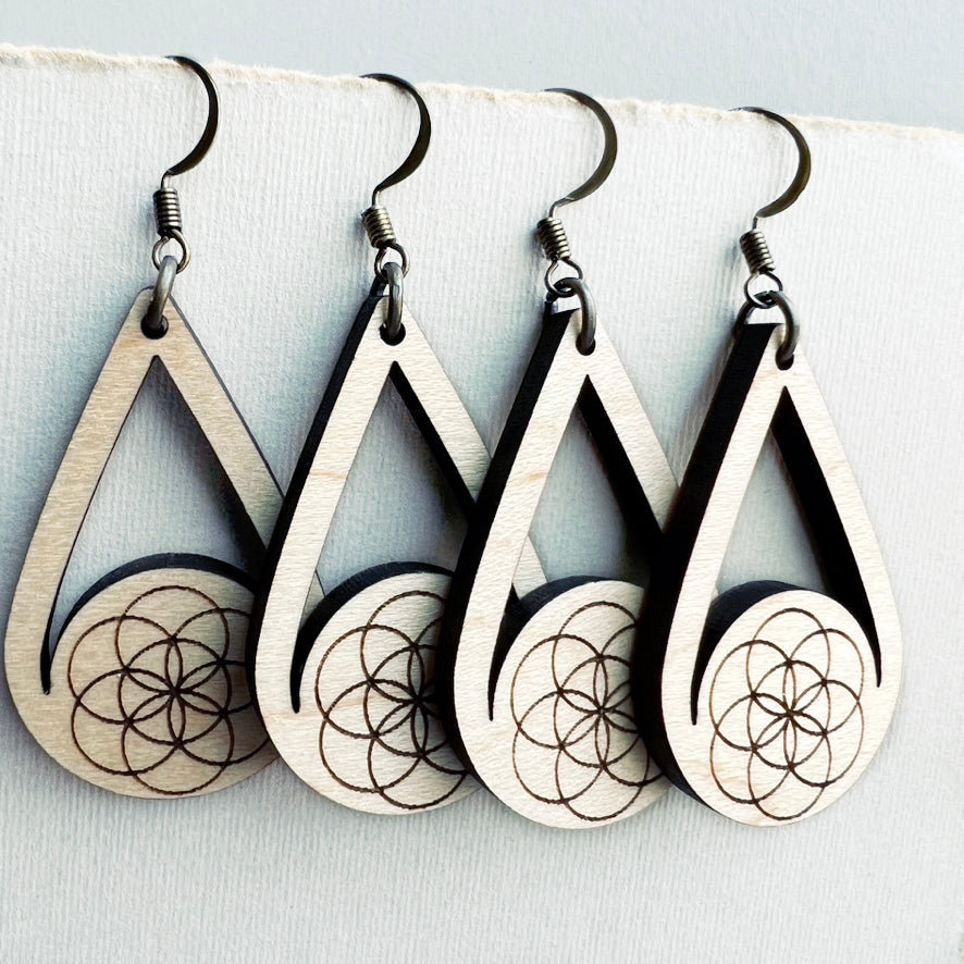 Seed of Life Wood Drop Earrings