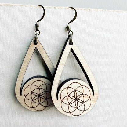 Seed of Life Wood Drop Earrings