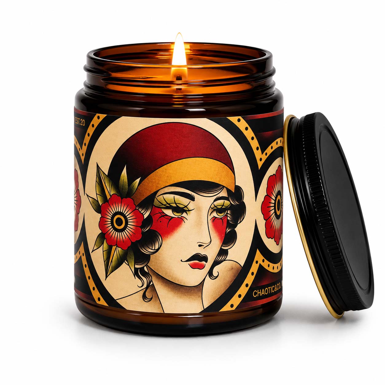 Sweet Tobacco and Cedar Scented Candle with Flame by Artist Athena