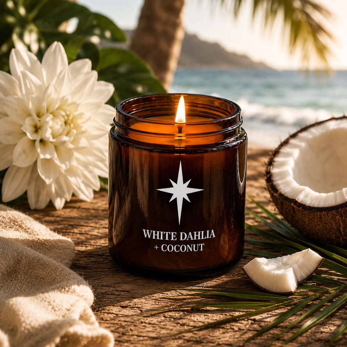 White Dahlia and Coconut Scented Candle LIfestyle