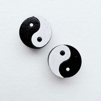 Yin Yang Wood Stud Earring – Hand-Painted Balance Symbol
