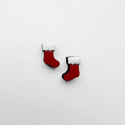 Christmas Stocking Wood Stud Earrings - 9.5 x 11mm - Painted Wood Stud Earrings