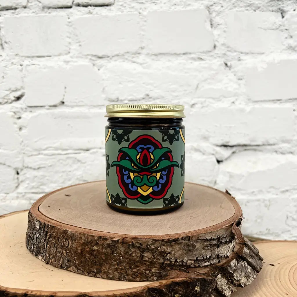 Dancheong by Minsoo - Candle Coconut - Apricot Wax or Soy Wax Candles. Art by Russ Oberg. Traditional tattooing meets Korean folk art. Gold Dust Collective Artist Series Tattoo Art. 