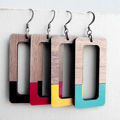 Dipped Kate + Walnut Wood Drop Earrings - Painted Wood Drop Earrings Modern rectangular wood drop earrings with bold dipped-color accents. Lightweight, hypoallergenic, and perfect for adding a contemporary, artistic flair to any outfit.