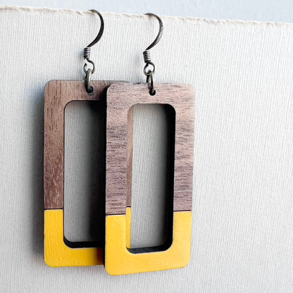 Dipped Kate + Walnut Wood Drop Earrings - Saffron Yellow - Painted Wood Drop Earrings