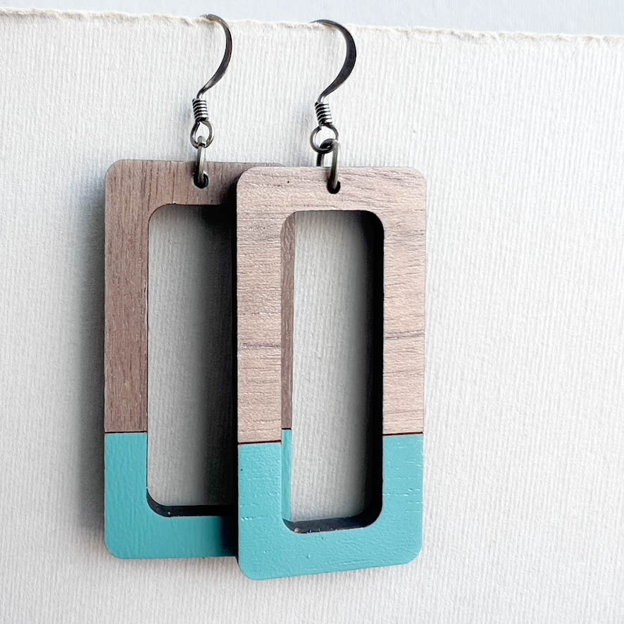 Dipped Kate + Walnut Wood Drop Earrings - Turquoise Trail - Painted Wood Drop Earrings