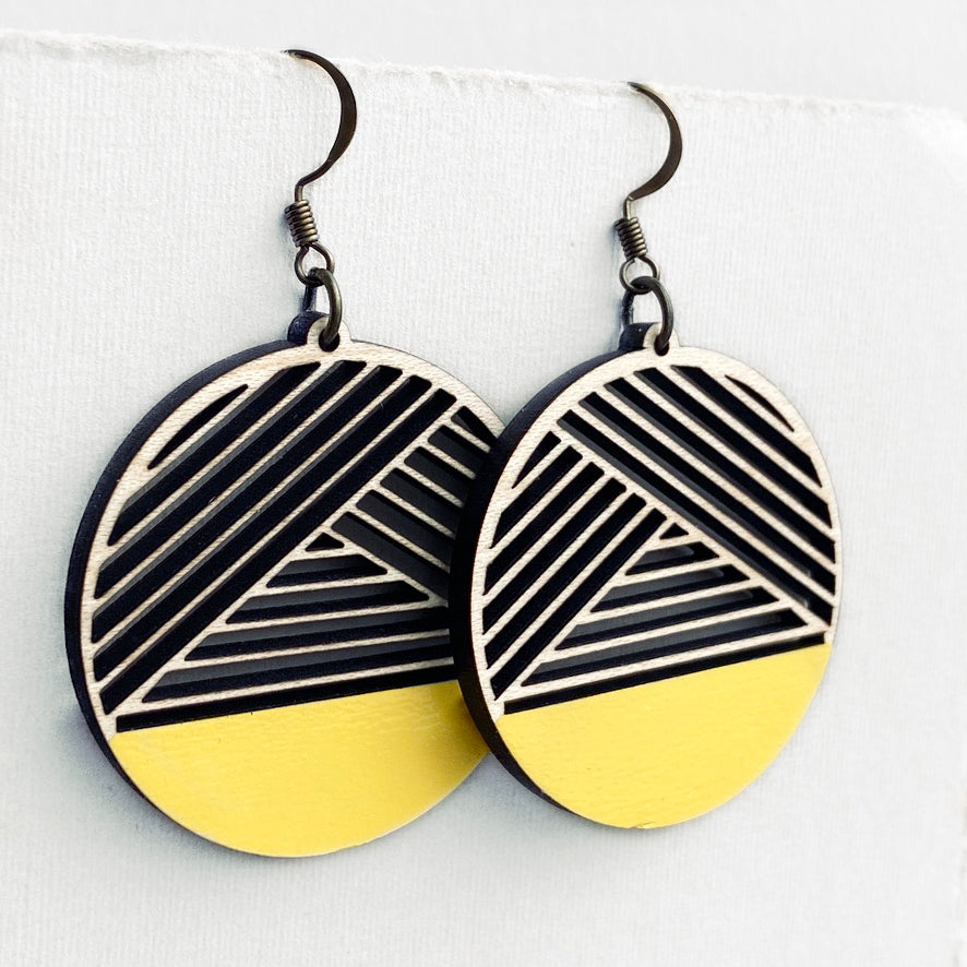 Dipped Metric + Maple Wood Drop Earrings - Austin City Limits Yellow - Painted Wood Drop Earrings