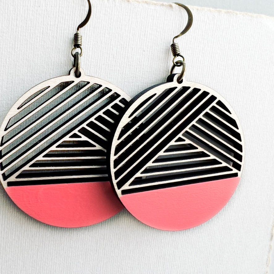 Dipped Metric + Maple Wood Drop Earrings - Coral Canyon - Painted Wood Drop Earrings