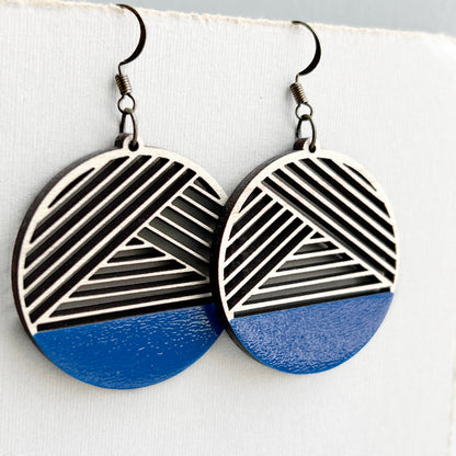 Dipped Metric + Maple Wood Drop Earrings - Howl at the Moon Blue - Painted Wood Drop Earrings