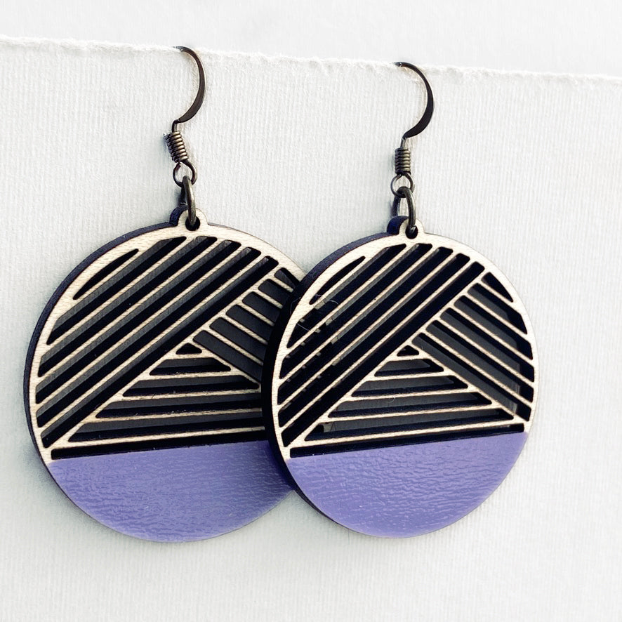 Dipped Metric + Maple Wood Drop Earrings - Lavender - Painted Wood Drop Earrings