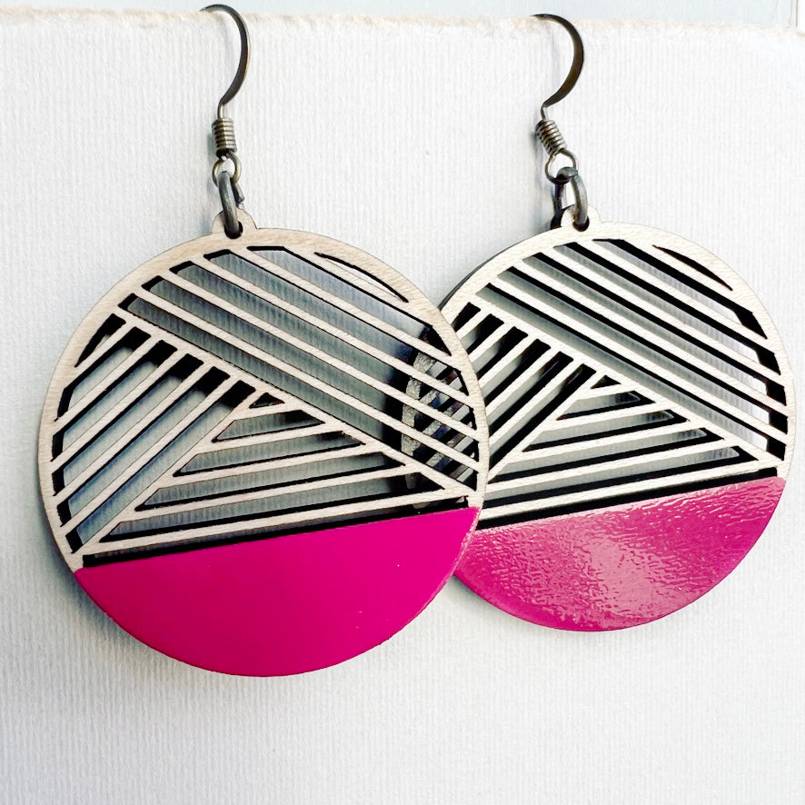 Handmade wood drop earrings. Geometric style. Painted magenta on maple wood.  