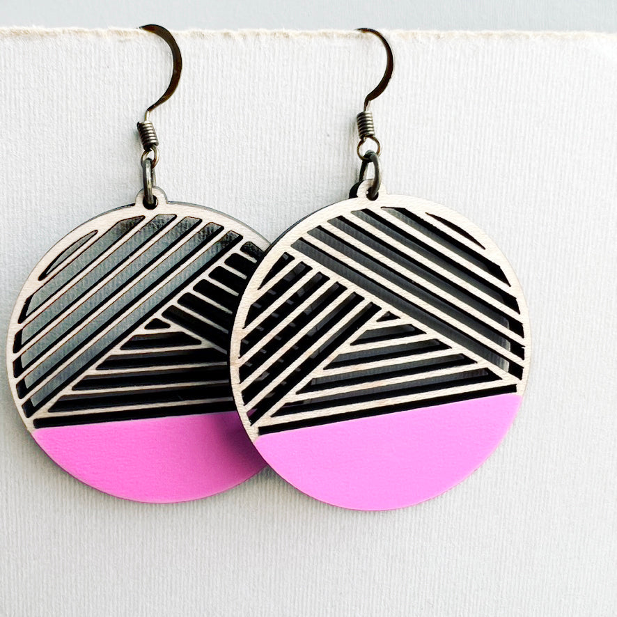 Dipped Metric + Maple Wood Drop Earrings - Malibu Pink - Painted Wood Drop Earrings