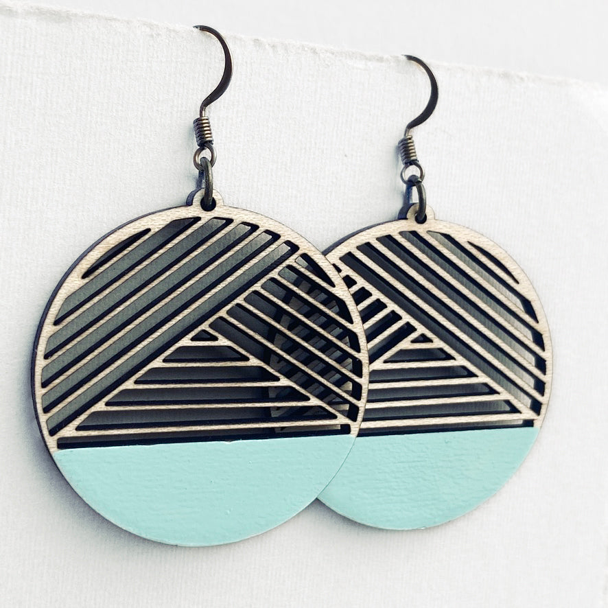 Dipped Metric + Maple Wood Drop Earrings - Mesa Verde Mint - Painted Wood Drop Earrings