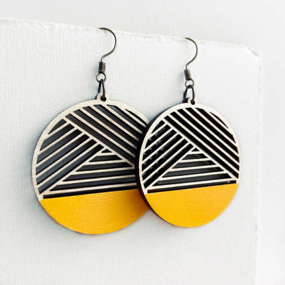 Dipped Metric + Maple Wood Drop Earrings - Saffron Yellow - Painted Wood Drop Earrings