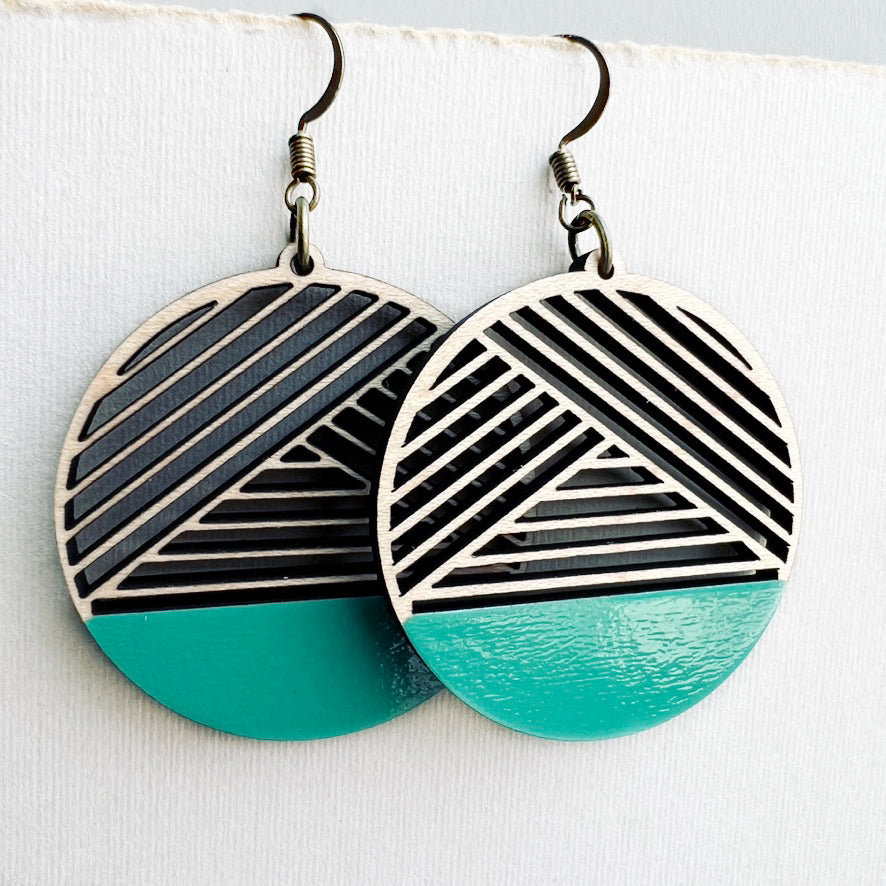 Dipped Metric + Maple Wood Drop Earrings - Turquoise Trail - Painted Wood Drop Earrings