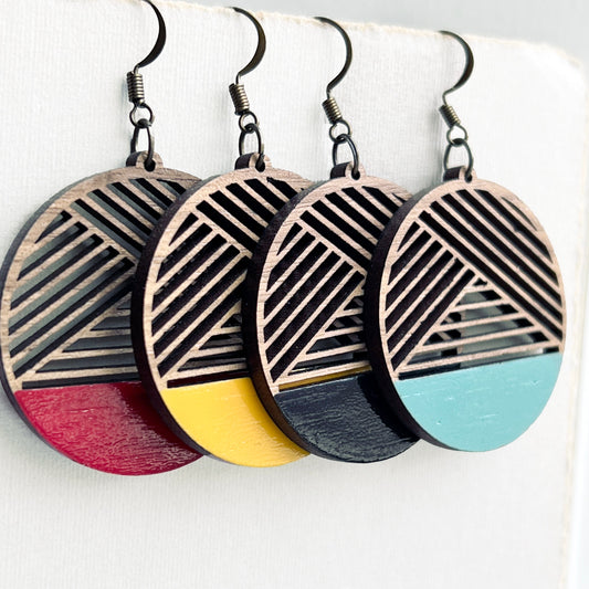 Dipped Metric + Walnut Wood Drop Earrings - Painted Wood Drop Earrings