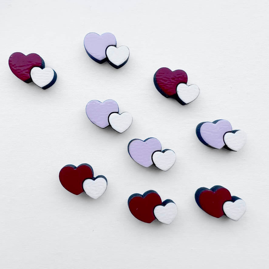 Double Heart Wood Stud Earrings - Painted Wood Stud Earrings