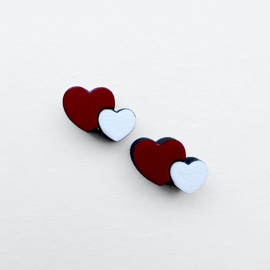 Double Heart Wood Stud Earrings - Red / 11.6 x 8.7MM - Painted Wood Stud Earrings