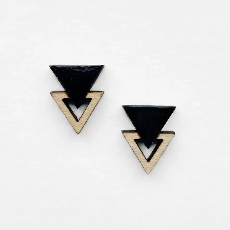 Double Triangle Wood Stud Earrings - Painted Wood Stud Earrings - Black