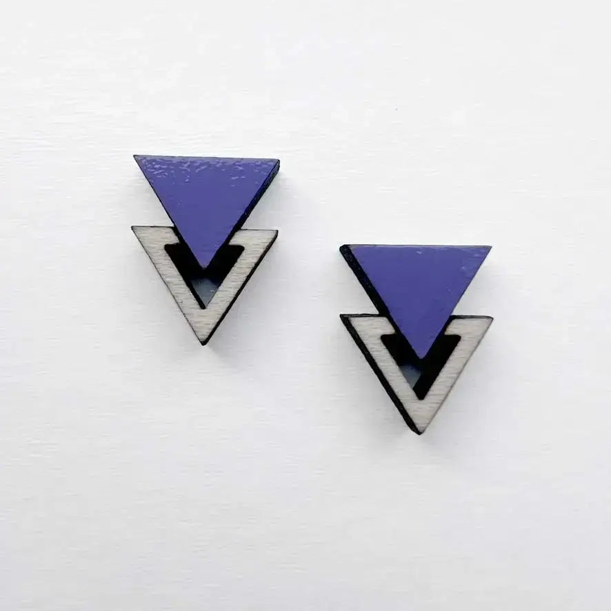 Double Triangle Wood Stud Earrings - Painted Wood Stud Earrings - Dark Lavender