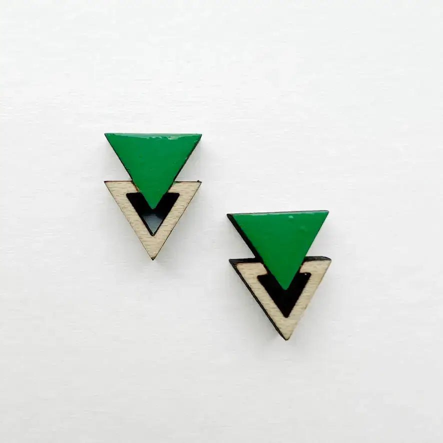 Double Triangle Wood Stud Earrings - Painted Wood Stud Earrings - Desert Fern Green