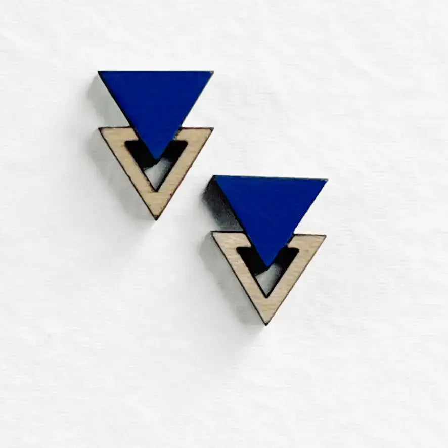 Double Triangle Wood Stud Earrings - Painted Wood Stud Earrings - Howl at the Moon Blue