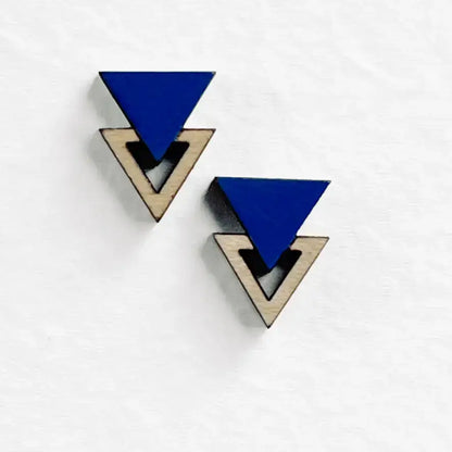 Double Triangle Wood Stud Earrings - Painted Wood Stud Earrings - Howl at the Moon Blue