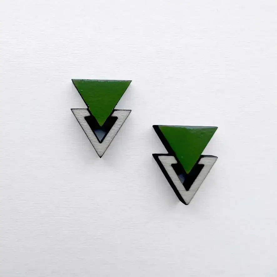 Double Triangle Wood Stud Earrings - Painted Wood Stud Earrings - Moss Green