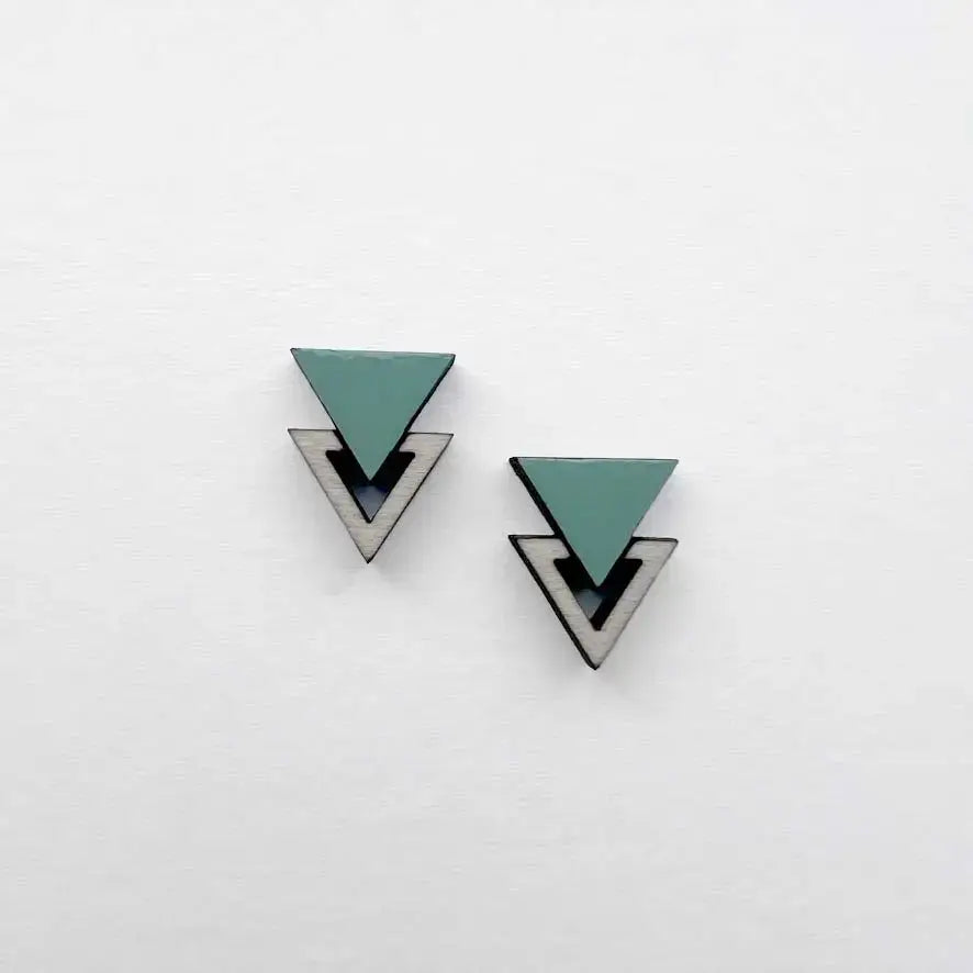Double Triangle Wood Stud Earrings - Painted Wood Stud Earrings - Mystic Mint