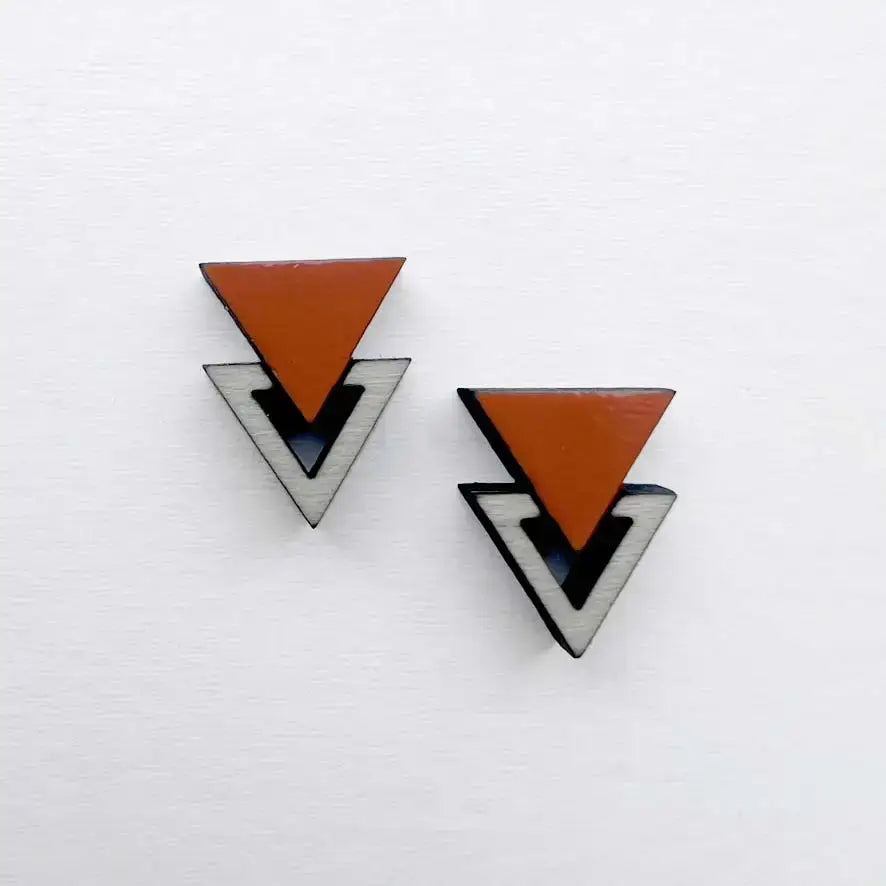 Double Triangle Wood Stud Earrings - Painted Wood Stud Earrings - Orange