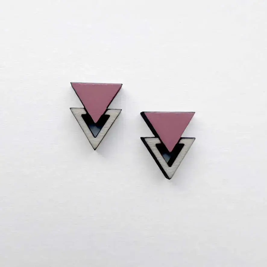 Double Triangle Wood Stud Earrings - Painted Wood Stud Earrings - Prairie Rose Pink