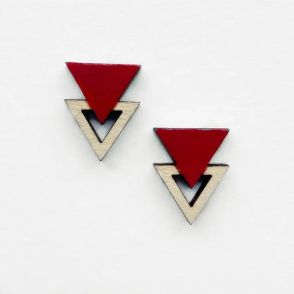 Double Triangle Wood Stud Earrings - Painted Wood Stud Earrings - Red