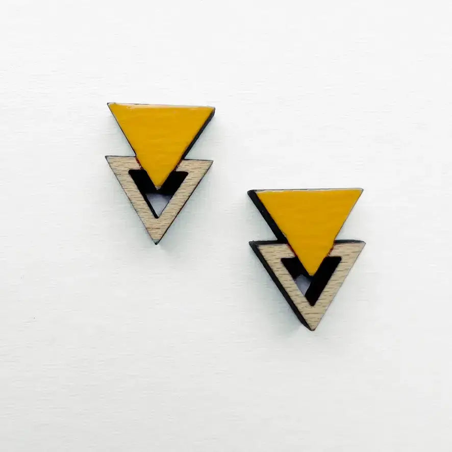Double Triangle Wood Stud Earrings - Painted Wood Stud Earrings - Saffron Yellow
