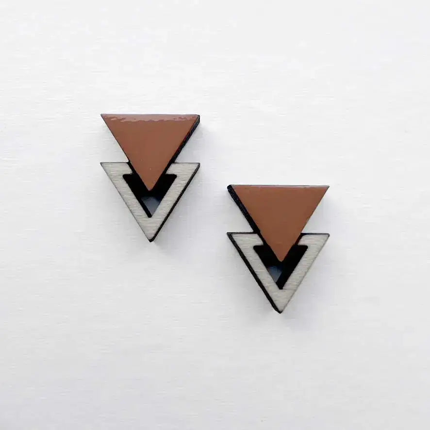 Double Triangle Wood Stud Earrings - Painted Wood Stud Earrings - Sun Dune Orange