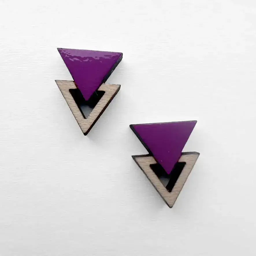 Double Triangle Wood Stud Earrings - Painted Wood Stud Earrings - Violet