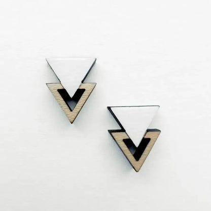 Double Triangle Wood Stud Earrings - Painted Wood Stud Earrings - White