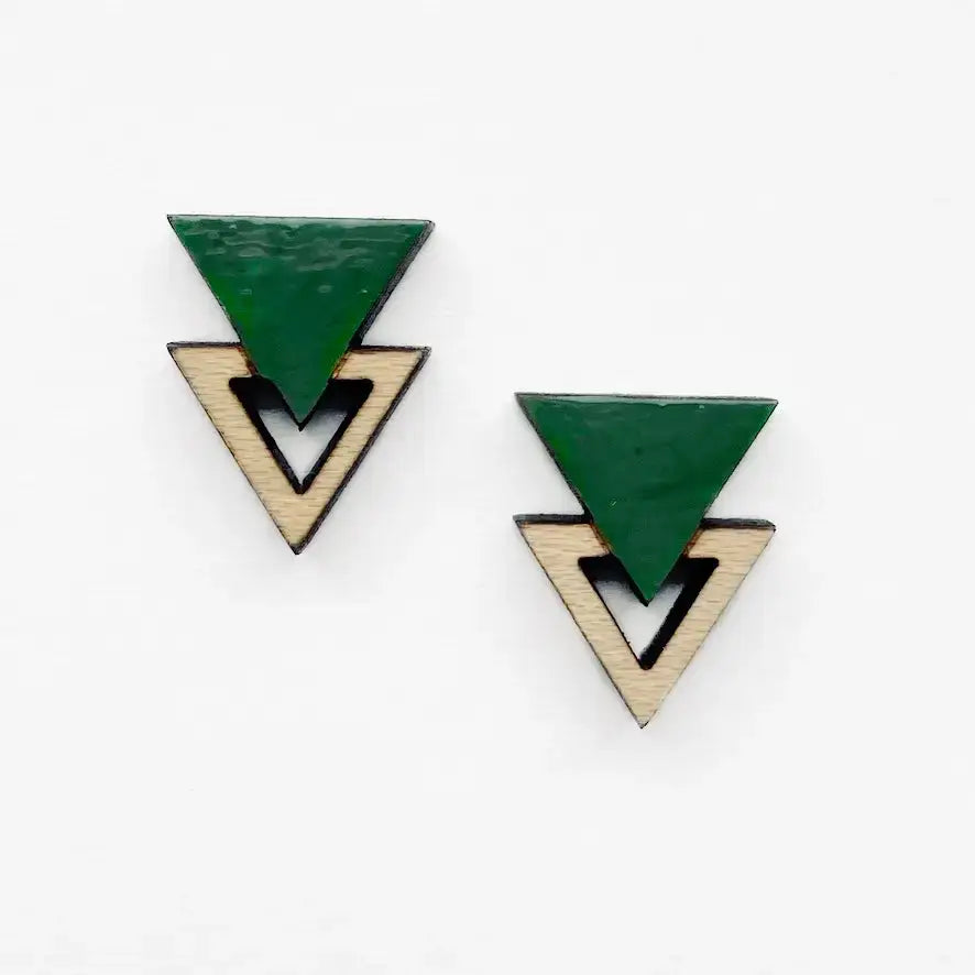 Double Triangle Wood Stud Earrings - Painted Wood Stud Earrings - Wild Child Green