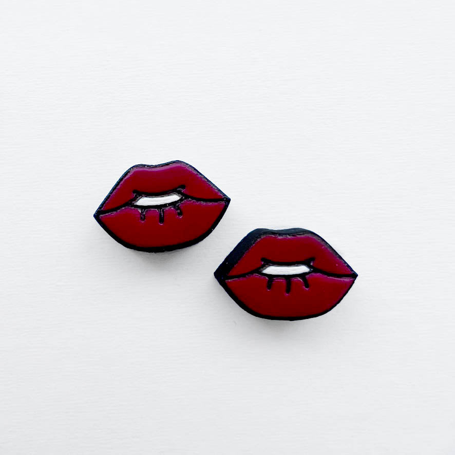 Expressive Lips Wood Stud Earrings - Painted Wood Stud Earrings