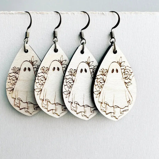 Ghost and Floral Wood Drop Earrings