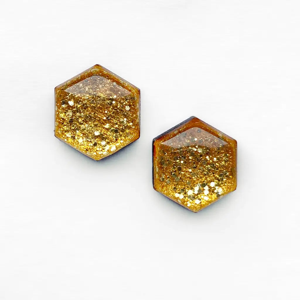 Gold Dust Wood Stud Earrings - 06MM / Hexagon - Resin Wood Stud Earrings