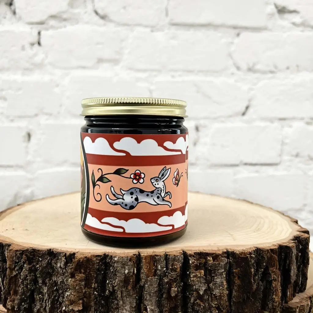 Golden Hour candle by Gold Dust Collective with Fox & Hare label, smoky amber and woodsy fall scent inspired by the Pacific Northwest.