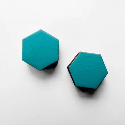 Hexagon Wood Stud Earrings Aquamarine