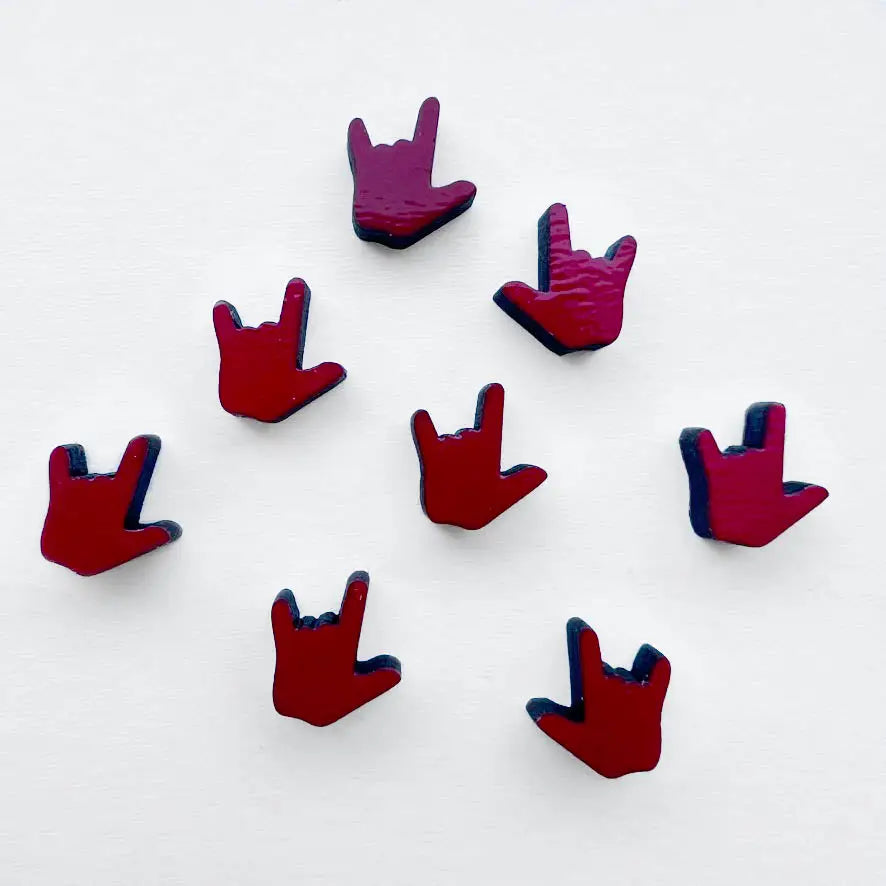 I Love You wood stud earrings, laser-cut and hand-painted. Sustainable maple wood with titanium posts for sensitive ears. Thoughtful gift for any occasion